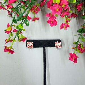 Avon Signed Silver Plated Red Gift Enamel Clip On Earrings
